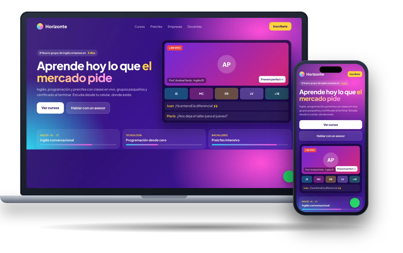 Ejemplo de sitio web para educación: Academia Horizonte, en portátil y celular