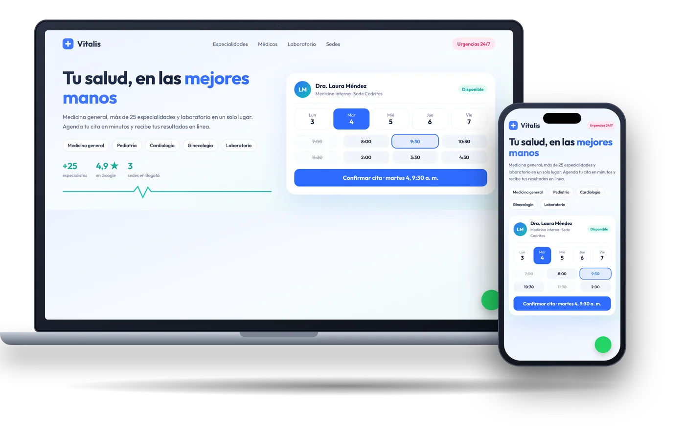 Ejemplo de sitio web para salud: Centro Médico Vitalis, en portátil y celular