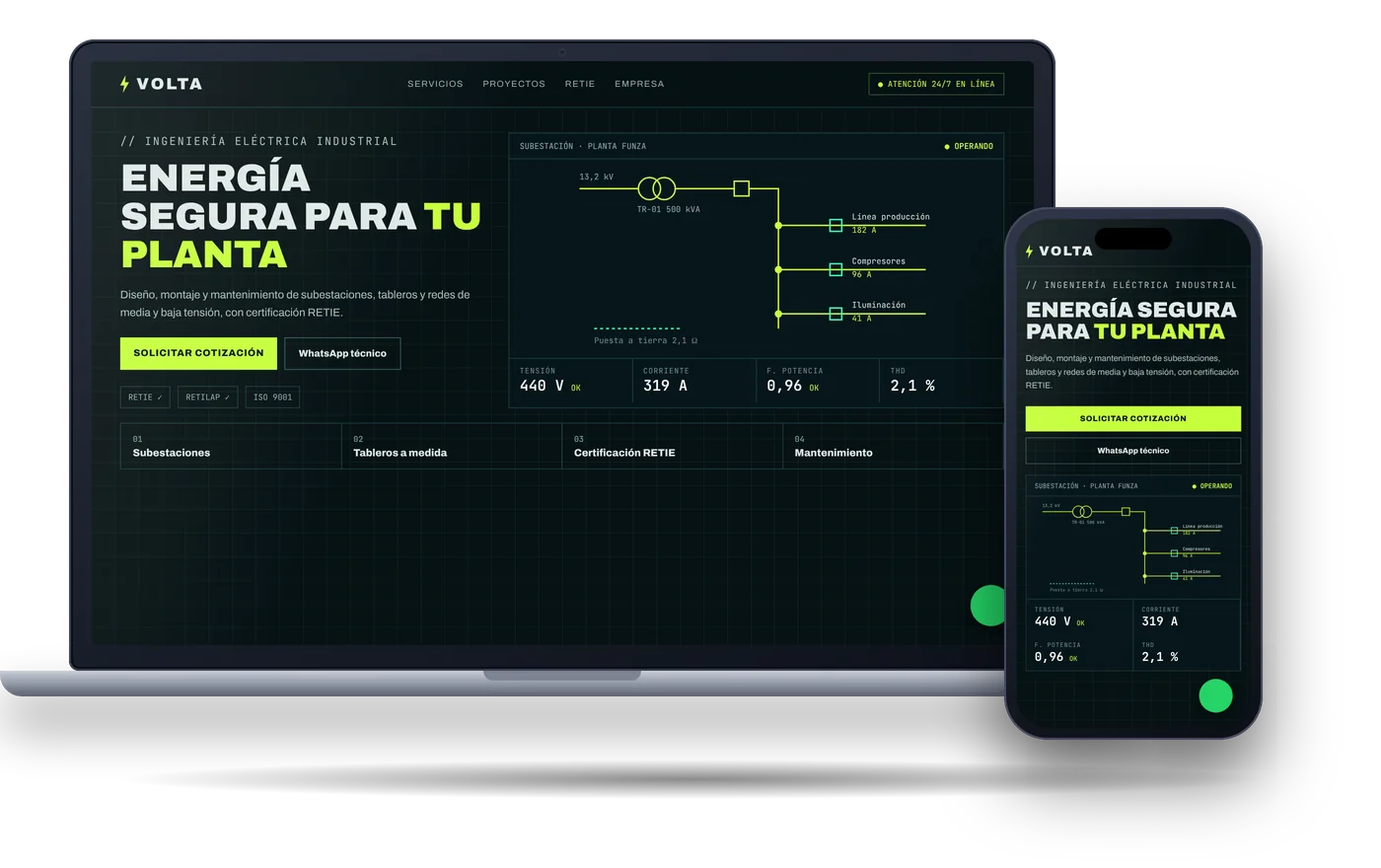 Ejemplo de sitio web para industria: Volta Ingeniería, en portátil y celular