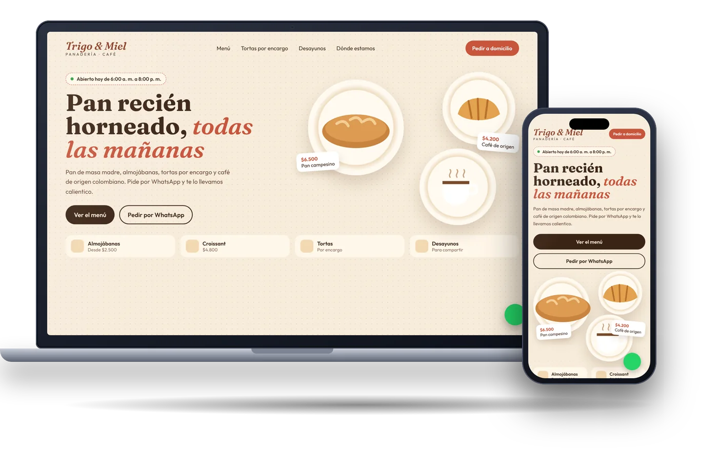 Ejemplo de sitio web para panaderías y cafés: Trigo & Miel, en portátil y celular